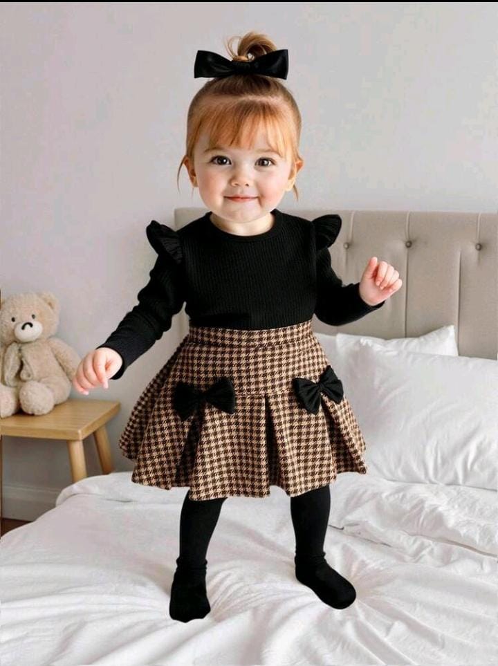Baby Girl Black Top &amp;amp; Brown Plaid Bow Skirt Set